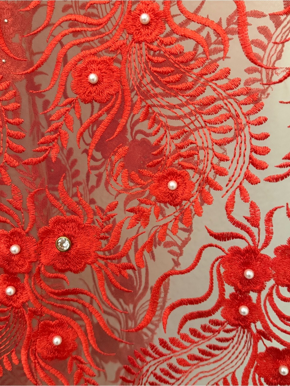 Vintage 1970s Semi-sheer Red Embroidered Lace Kaftan Top with Floral Appliqué - Picture 5 of 6